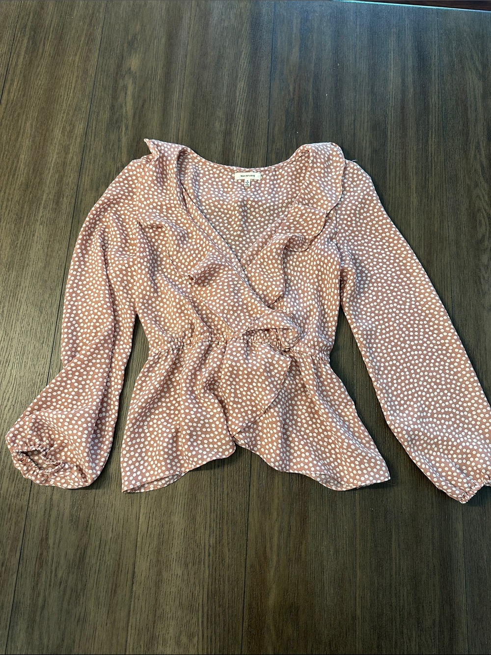 Max Studio Dusty Rose Polka Dot Ruffle Wrap Blouse